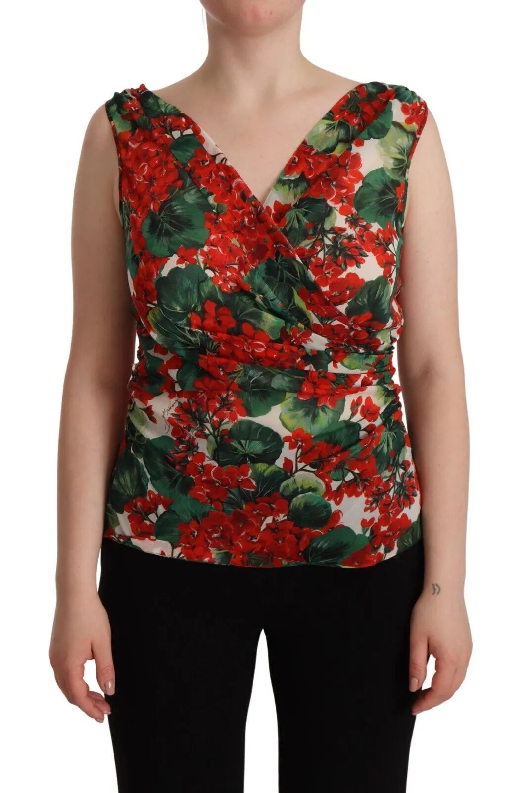 Dolce & Gabbana Women's Elegant V-Neck Geranium Print Silk Tank Top