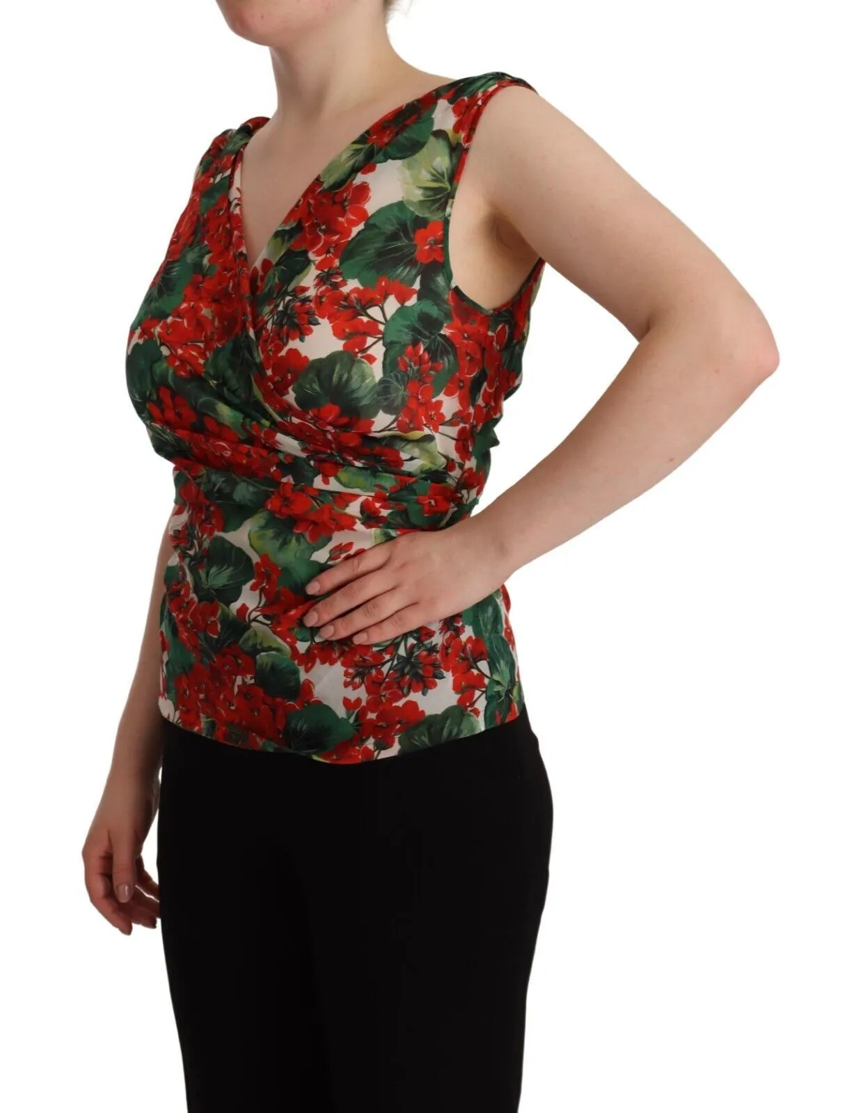 Dolce & Gabbana Women's Elegant V-Neck Geranium Print Silk Tank Top