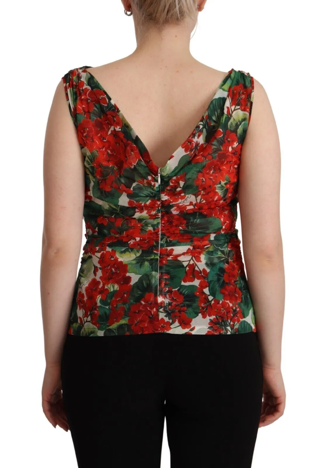 Dolce & Gabbana Women's Elegant V-Neck Geranium Print Silk Tank Top