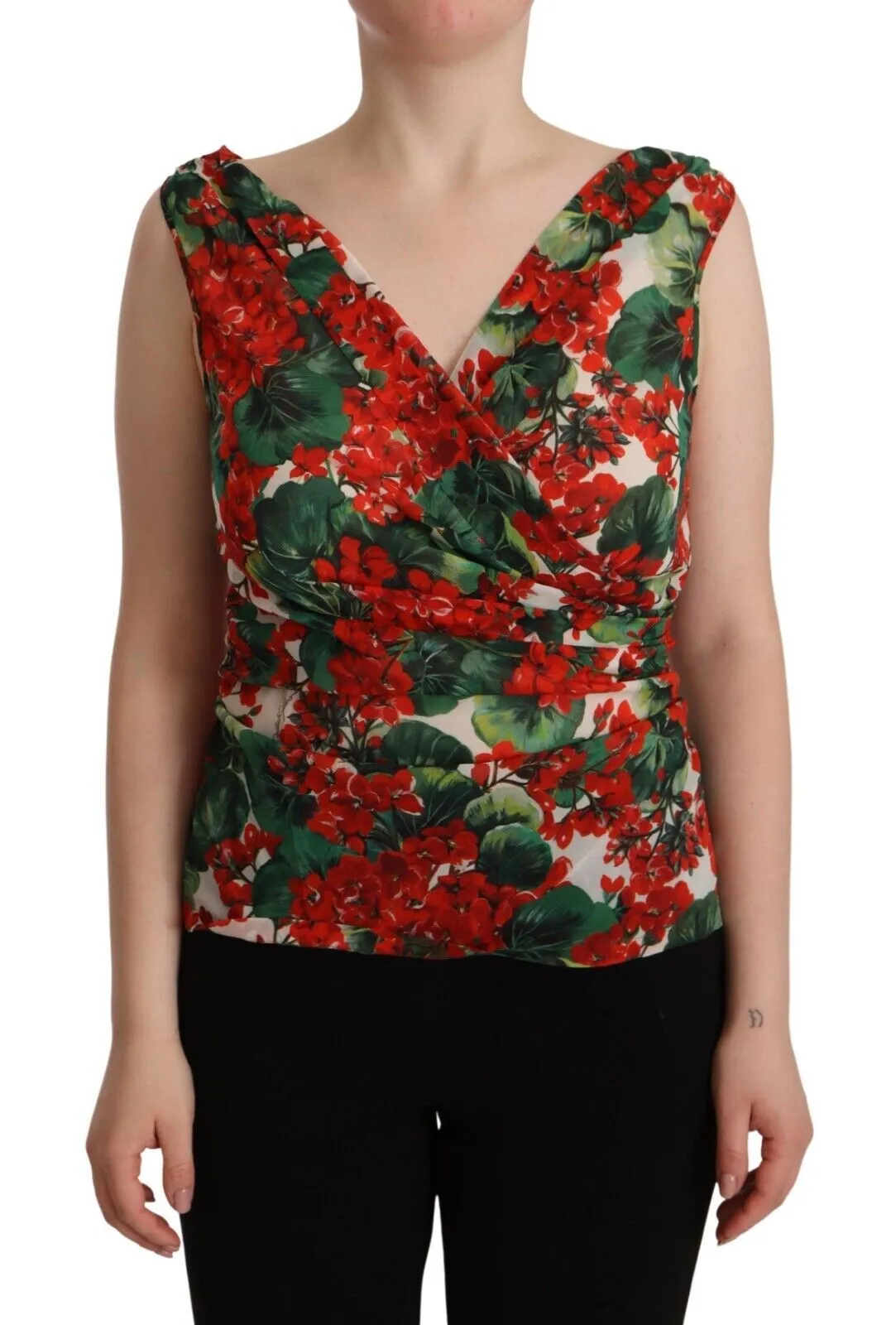 Dolce & Gabbana Women's Elegant V-Neck Geranium Print Silk Tank Top