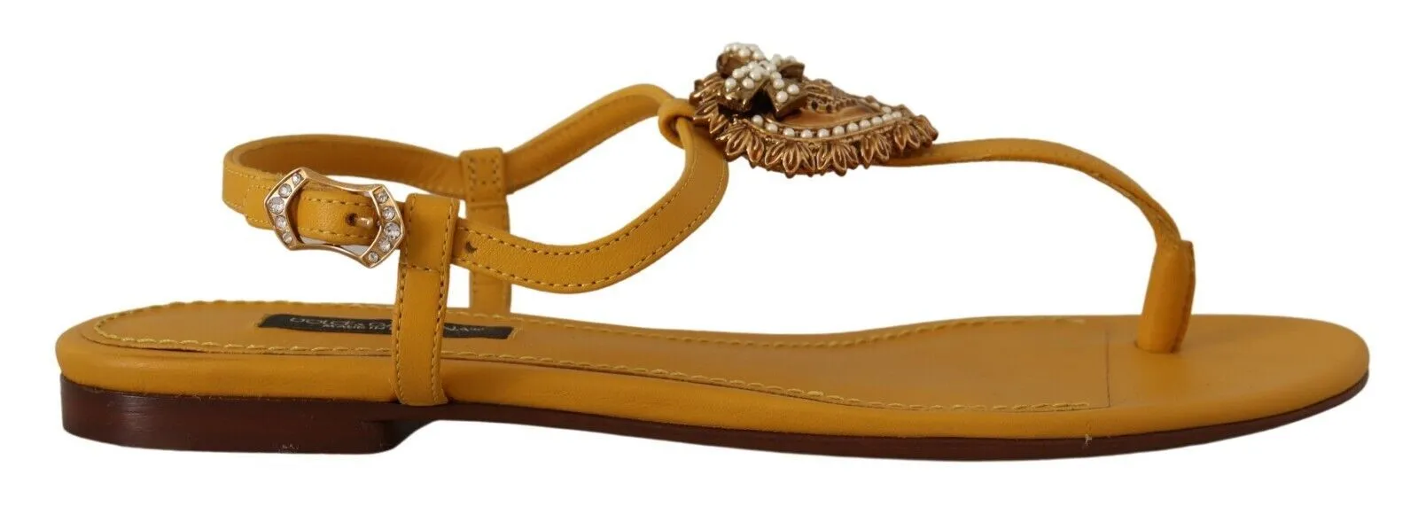 Dolce & Gabbana Women's Mustard T-Strap Flat Sandals with Heart Embellishment