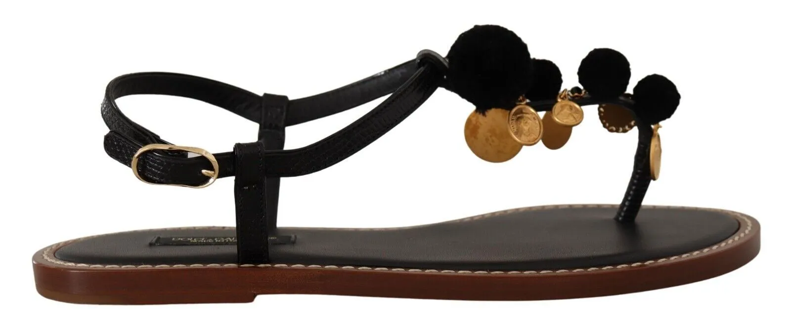 Dolce & Gabbana Women's Chic Leather Ankle Strap Flats with Gold Detailing