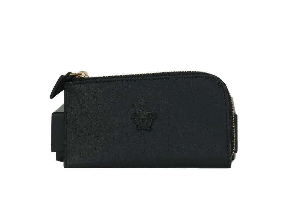 Versace Women's Smooth Leather Matte Medusa Head Organizer Zip Card Case Wallet Black