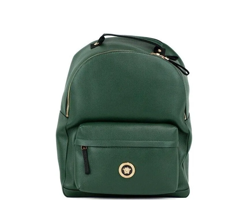 Versace Men's Medusa Large Dark Green Grainy Calf Leather Shoulder Backpack Bookbag
