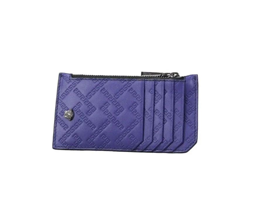 Versace Women's Calf Leather Multi Card Blue Medusa Greek Key Pattern Card Case Wallet