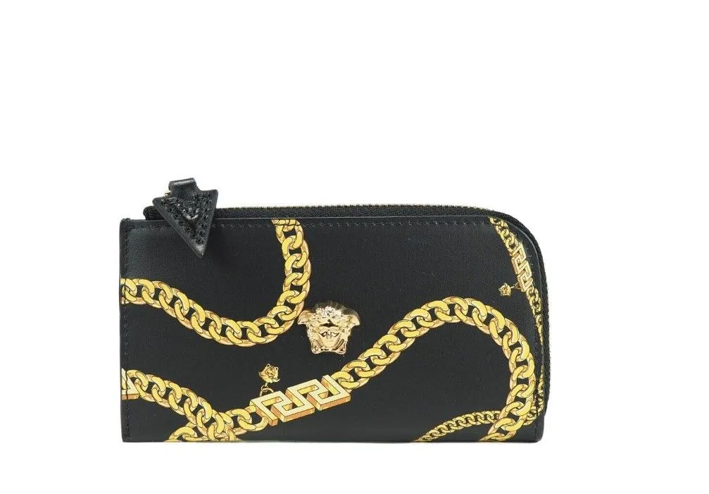 Versace Women's Black Smooth Leather Medusa Head Chain Organizer Zip Card Case Wallet