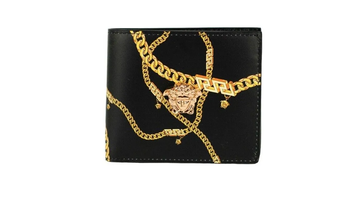 Versace Men's Black Smooth Leather Gold Medusa Head Chain Logo Bifold Organizer Wallet