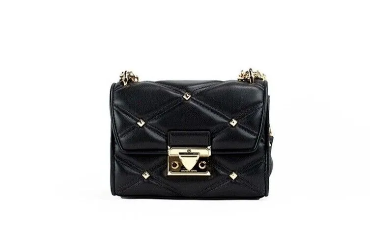 Michael Kors Women's Serena Small Smooth Black Vegan Leather Studded Flap Crossbody Bag
