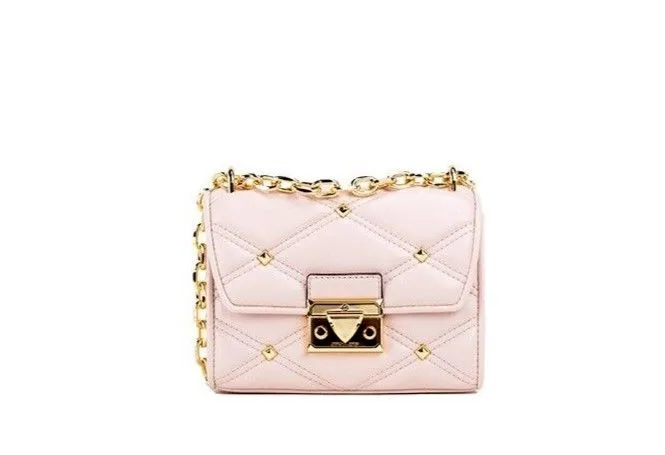 Michael Kors Women's Serena Small Smooth Pink Vegan Leather Studded Flap Crossbody Bag
