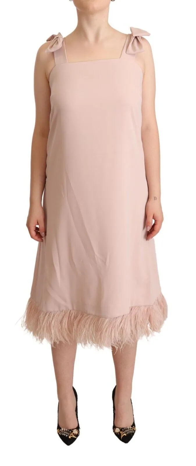 P.A.R.O.S.H. Women's Chic Sleeveless Midi Dress with Feather Trim