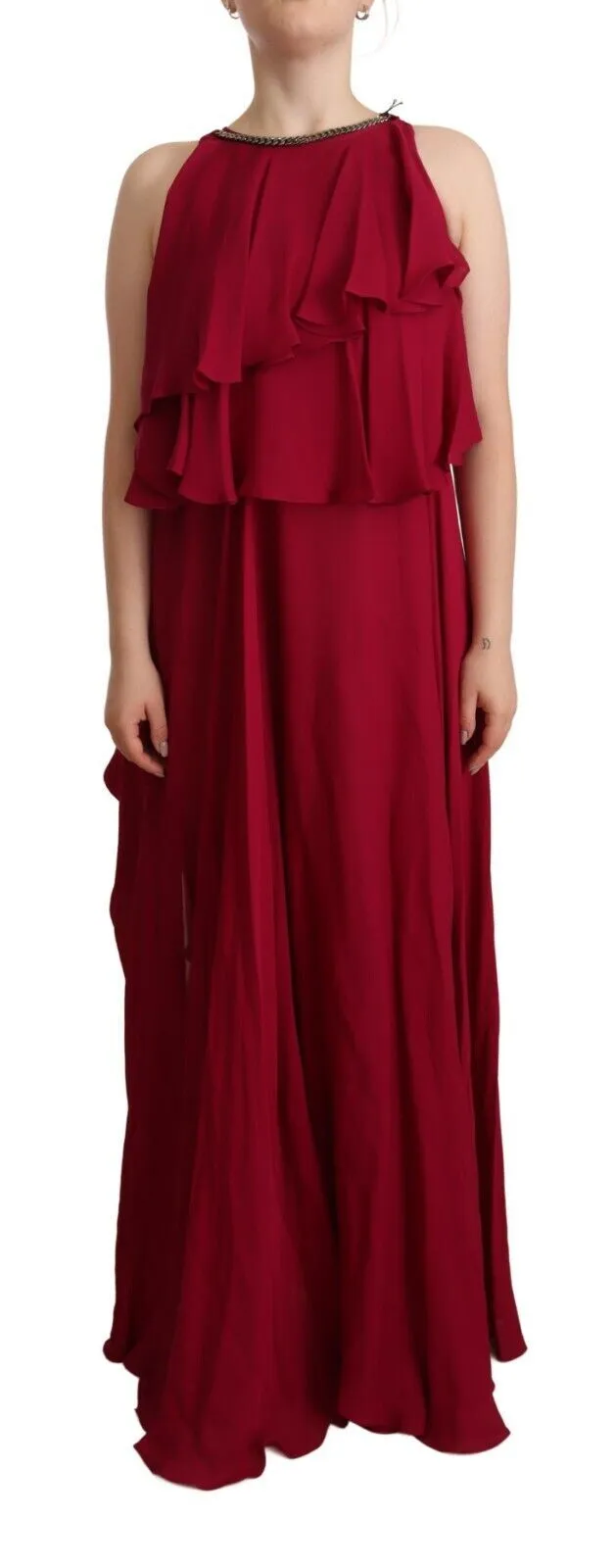 PLEIN SUD Women's Elegant Silk Sleeveless Ruffled Maxi Dress