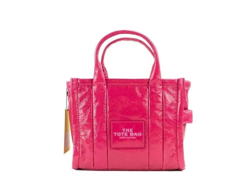Marc Jacobs Women's The Shiny Crinkle Mini Tote Magenta Leather Crossbody Handbag Purse