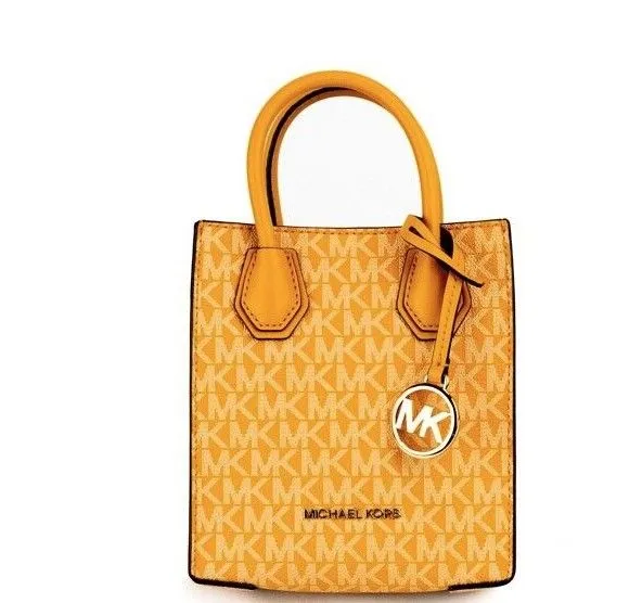 Michael Kors Women's Mercer XS Honeycomb Gold Signature PVC North South Shopper Crossbody Bag