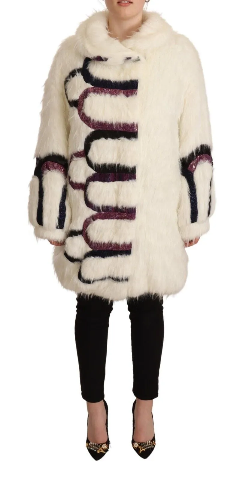 Custo Barcelona Women's Elegant White Fur Overcoat Jacket