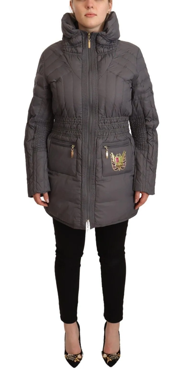 Roccobarocco Women's Elegant Quilted Long Jacket with Logo Patch