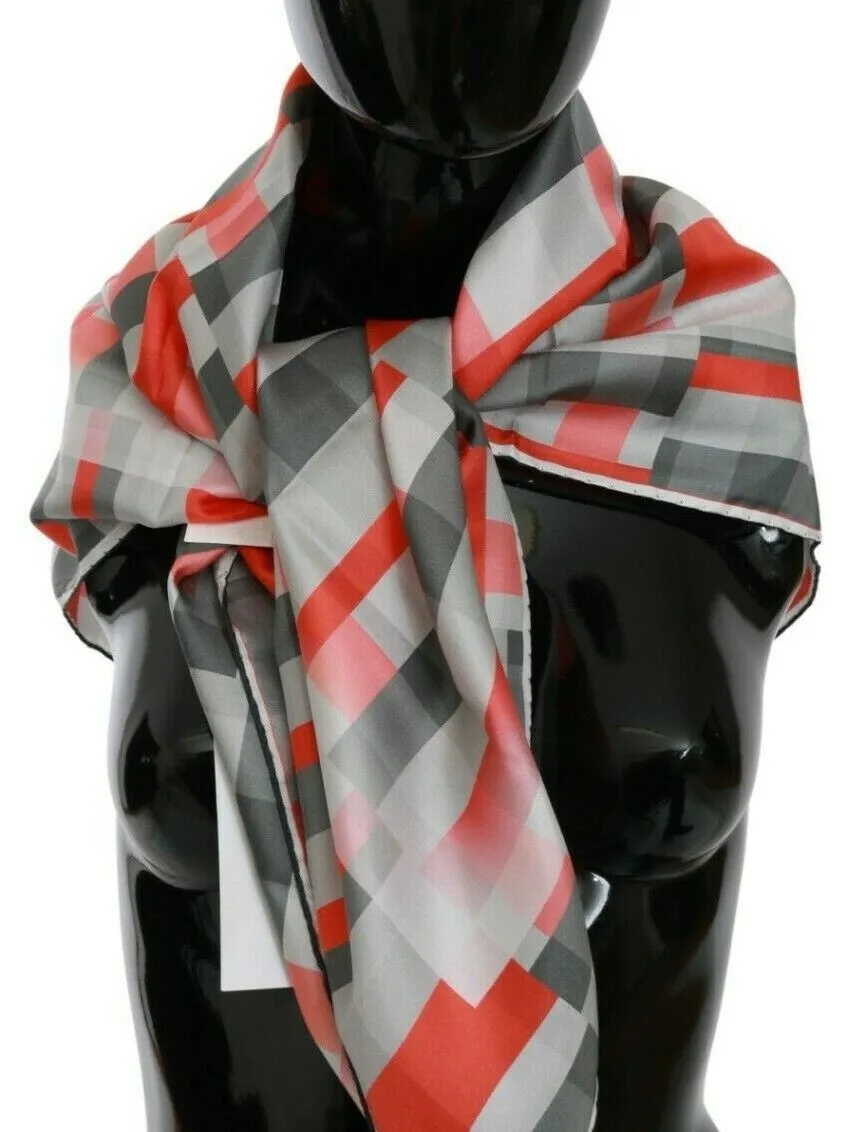 Costume National Women's Elegant Silk Checkered Scarf in Gray and Red
