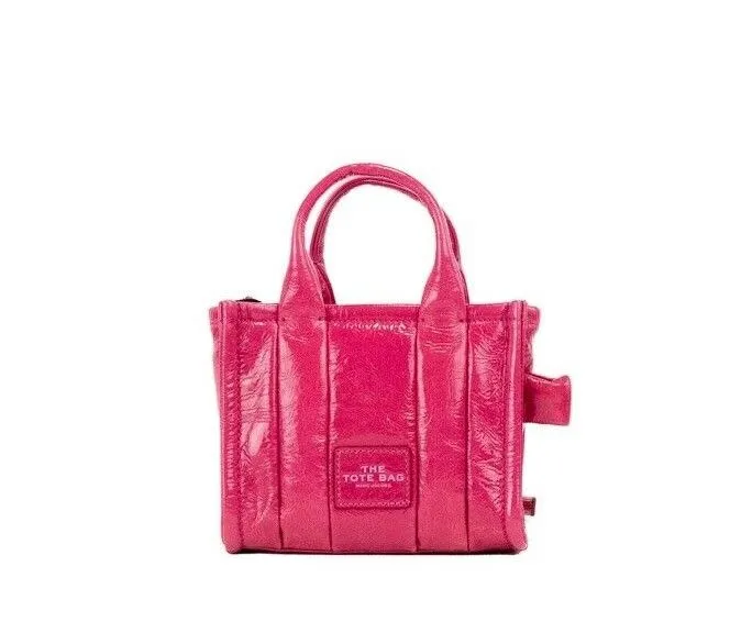 Marc Jacobs Women's The Shiny Crinkle Micro Tote Magenta Leather Crossbody Bag Handbag