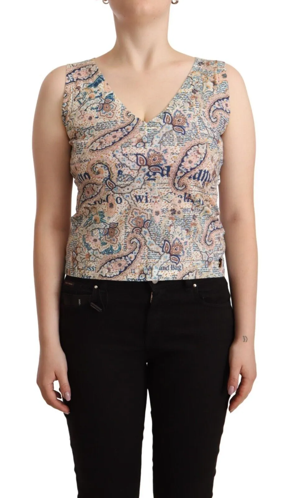 John Galliano Women's Multicolor Cotton V-Neck Sleeveless Tank Top