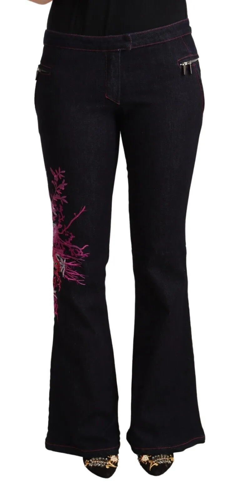 Exte Women's Chic Black Mid Waist Flared Denim Jeans