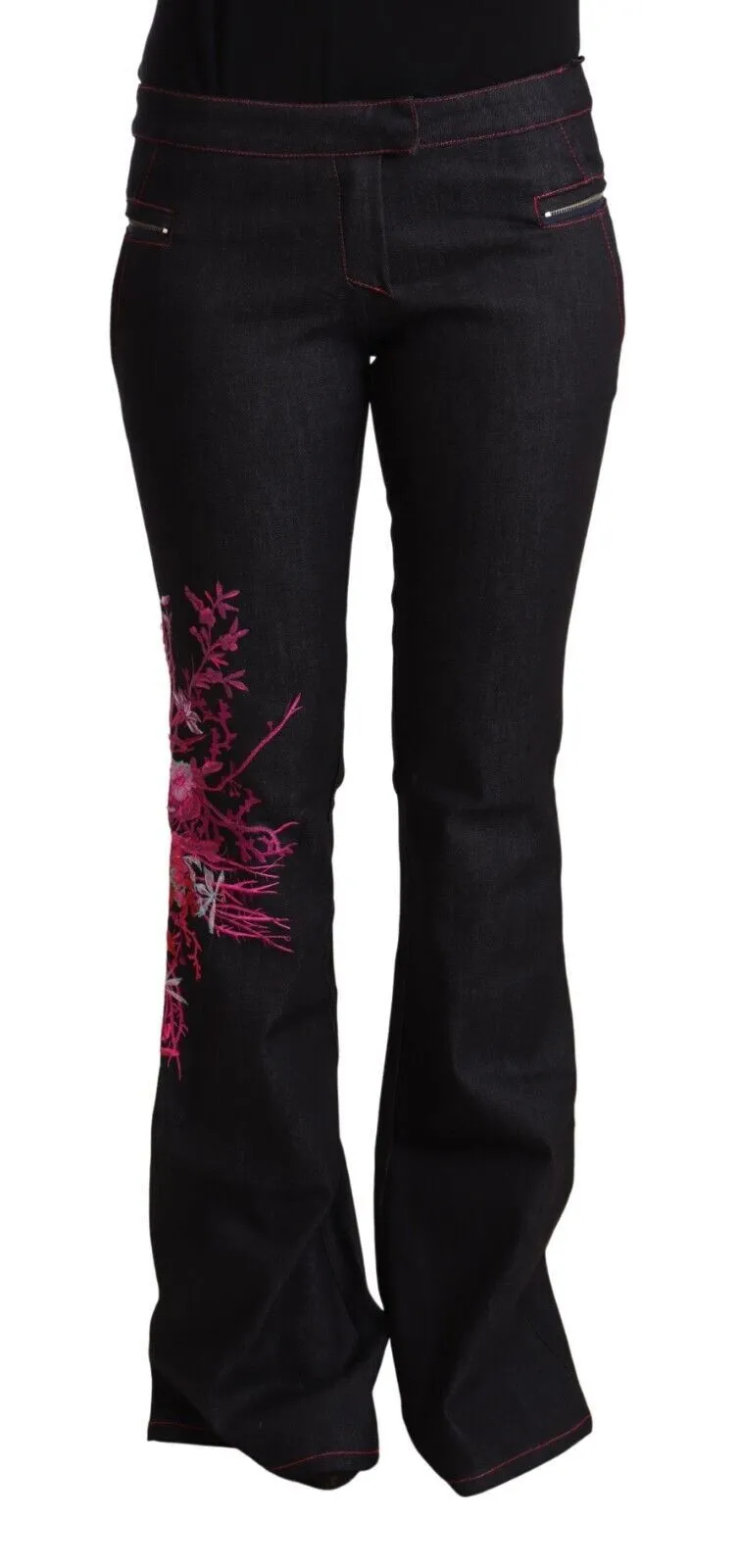Exte Women's Chic Mid Waist Flared Black Denim Jeans