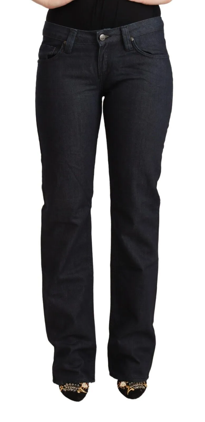 Exte Women's Chic Dark Blue Low Waist Straight Denim