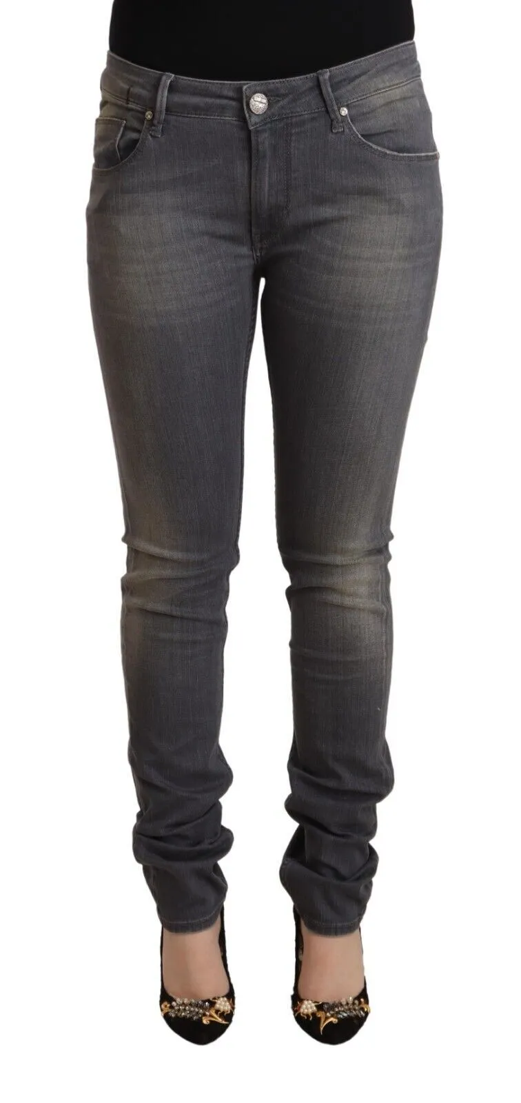Acht Women's Elegant Dark Gray Skinny Jeans - Low Waist Zip Closure