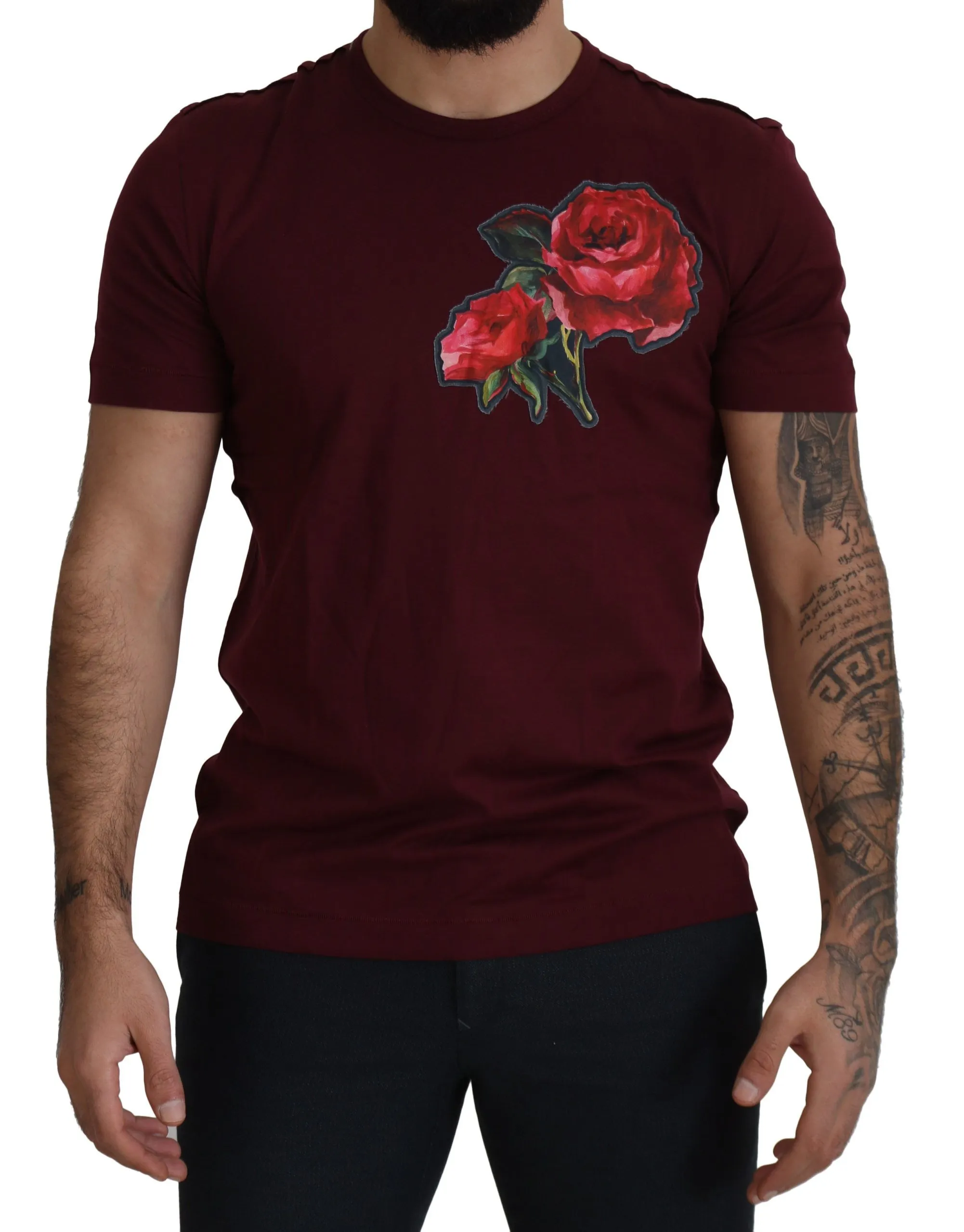Dolce & Gabbana Men's Elegant Bordeaux Roses Motif Crewneck Tee