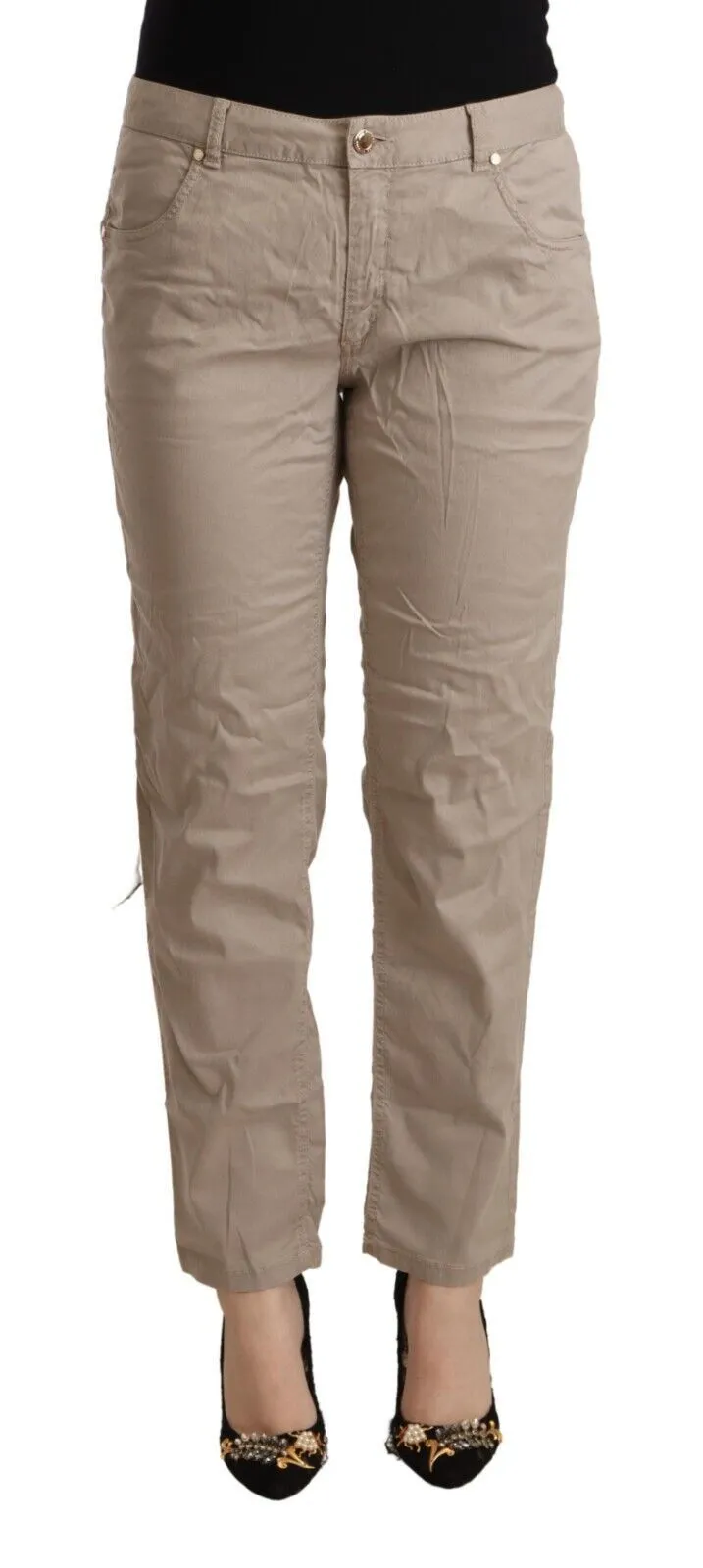 Acht Women's Beige Mid Waist Tapered Pants