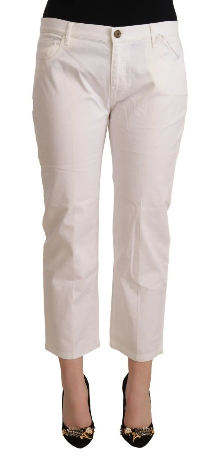 L'Autre Chose Women's Chic White Mid Waist Skinny Cropped Jeans