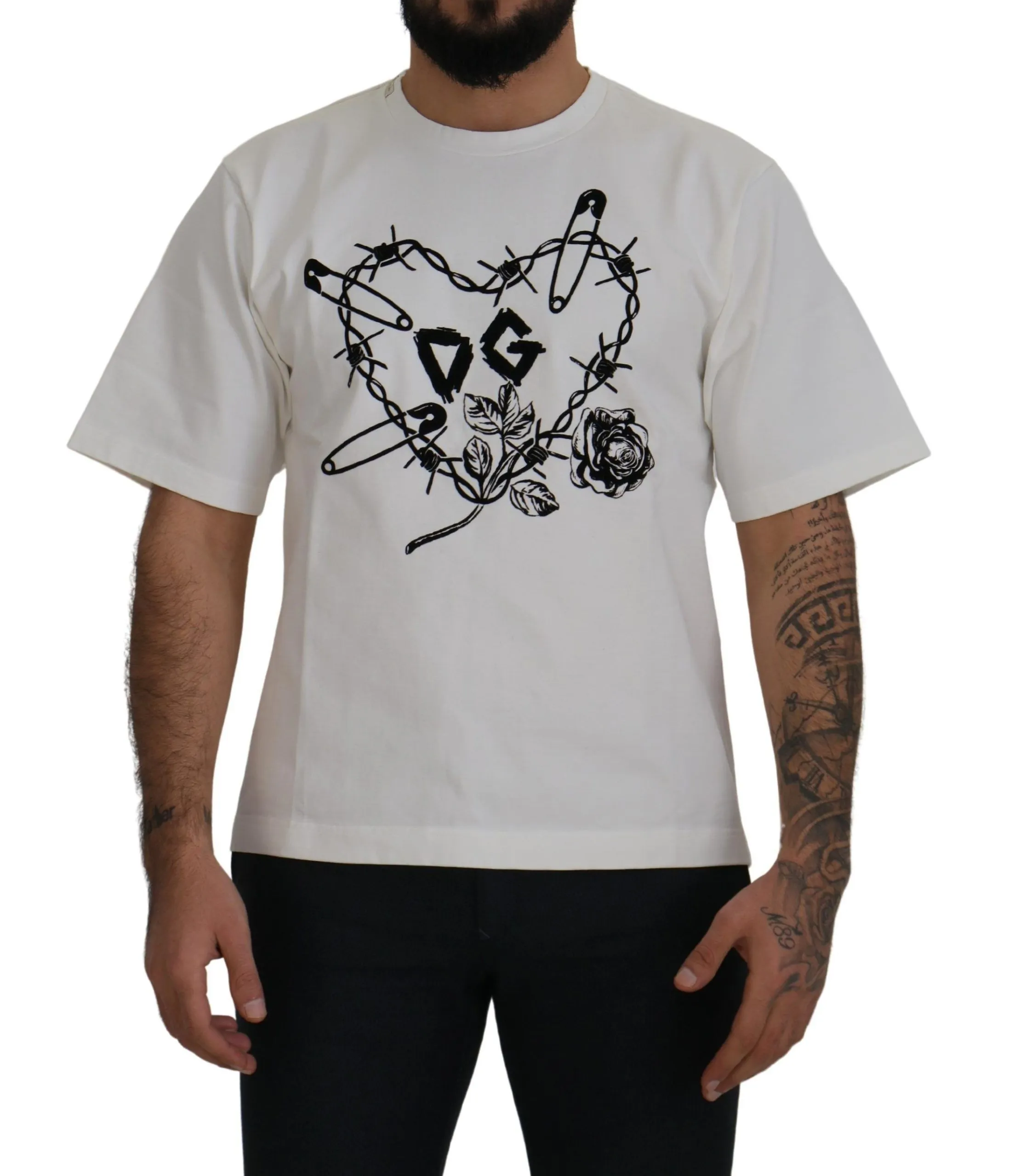 Dolce & Gabbana Men's Elegant White Heart Roses Crewneck Tee