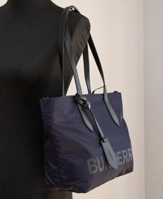 Burberry Women's Small Navy Blue Logo Econyl Nylon Tote Shoulder Handbag Purse