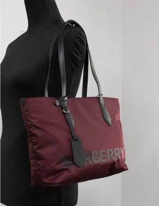 Burberry Women's Small Burgundy Logo Branded Econyl Nylon Tote Shoulder Handbag Purse