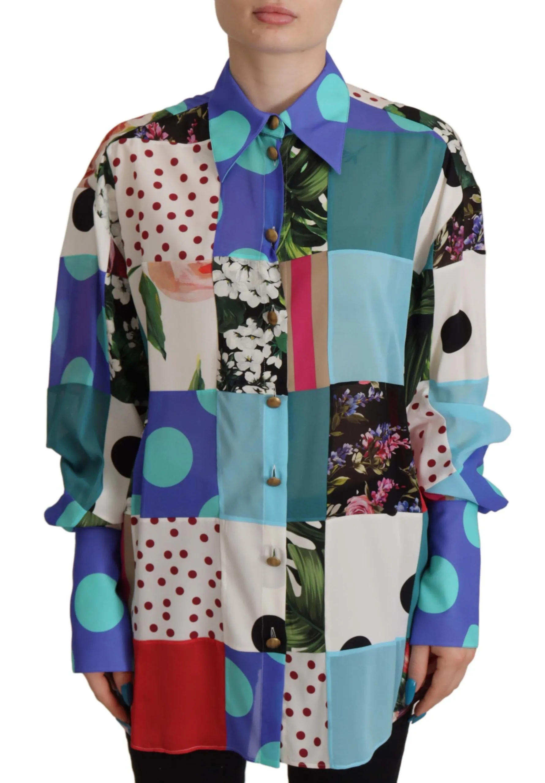 Dolce & Gabbana Women's Elegant Multicolor Silk Floral Polka Dot Blouse