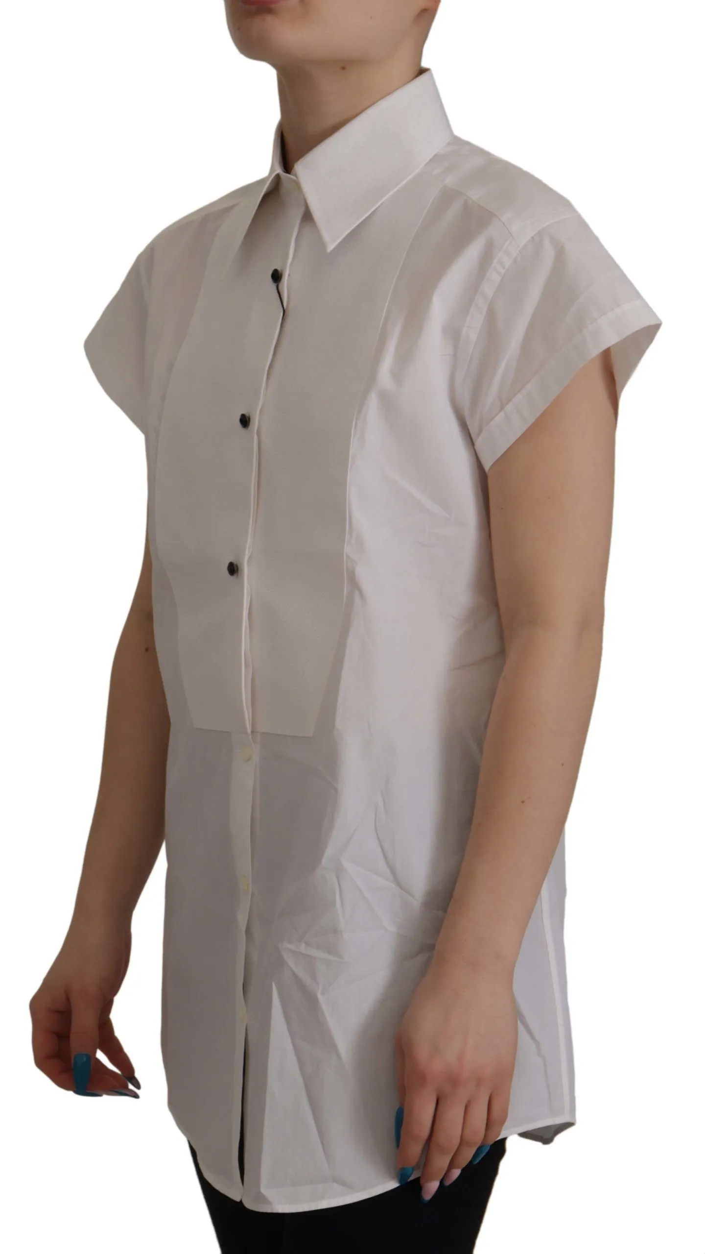 Dolce & Gabbana Women's Elegant Sleeveless Tuxedo Blouse with Crystal Buttons