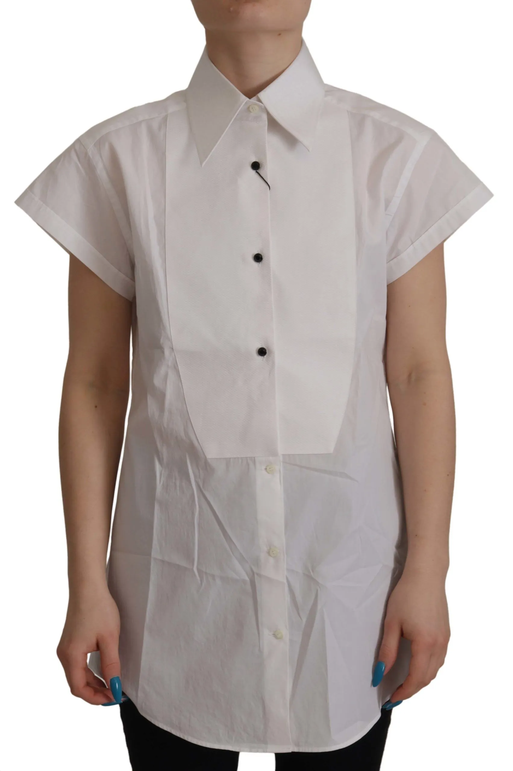 Dolce & Gabbana Women's Elegant Sleeveless Tuxedo Blouse with Crystal Buttons