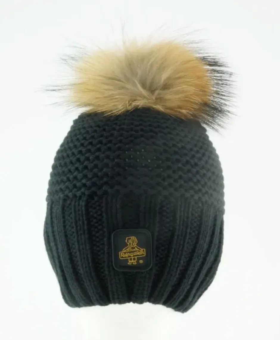 Refrigiwear Women's Chic Black Pompon Hat with Logo Accent