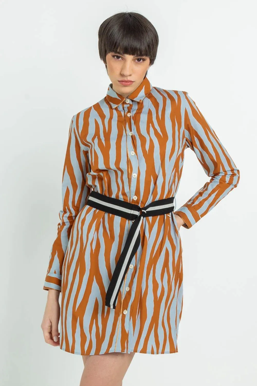 Imperfect Women's Chic Patterned Chemisier Dress with Belt