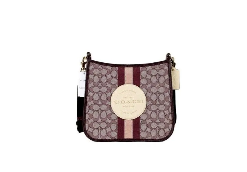 COACH Women's Dempsey Wine Signature Jacquard Canvas Patch File Crossbody Bag
