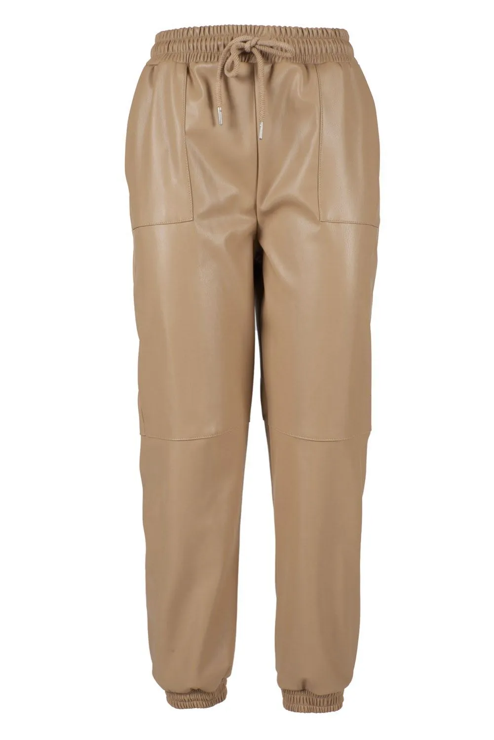 Yes Zee Women's Chic Beige Drawstring Leatherette Trousers