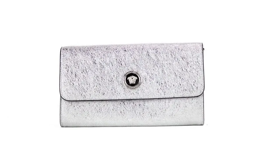 Versace Women's Small Metallic Silver Lamb Leather Medusa Clutch Crossbody Wallet Bag