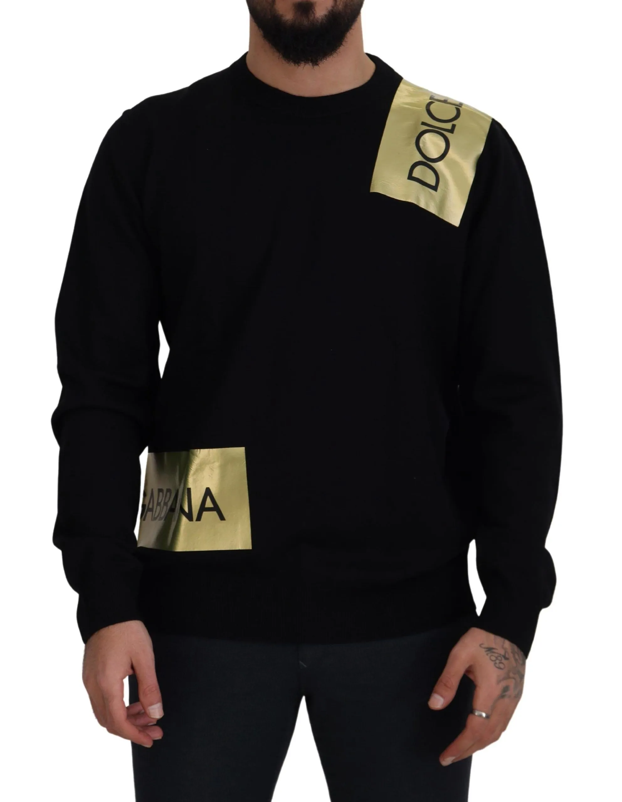 Dolce & Gabbana Men's Elegant Gold-Embroidered Black Wool Sweater