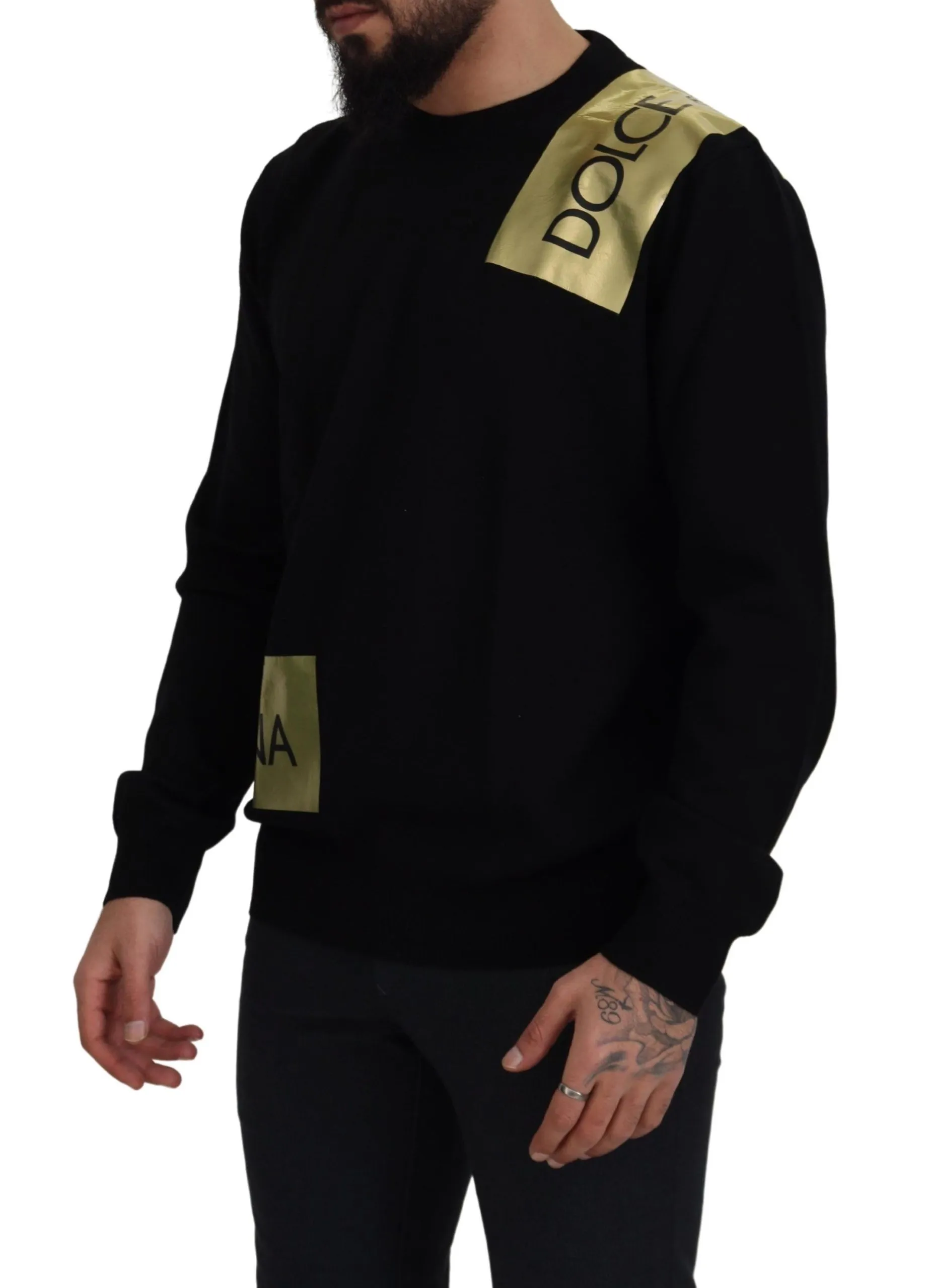 Dolce & Gabbana Men's Elegant Gold-Embroidered Black Wool Sweater