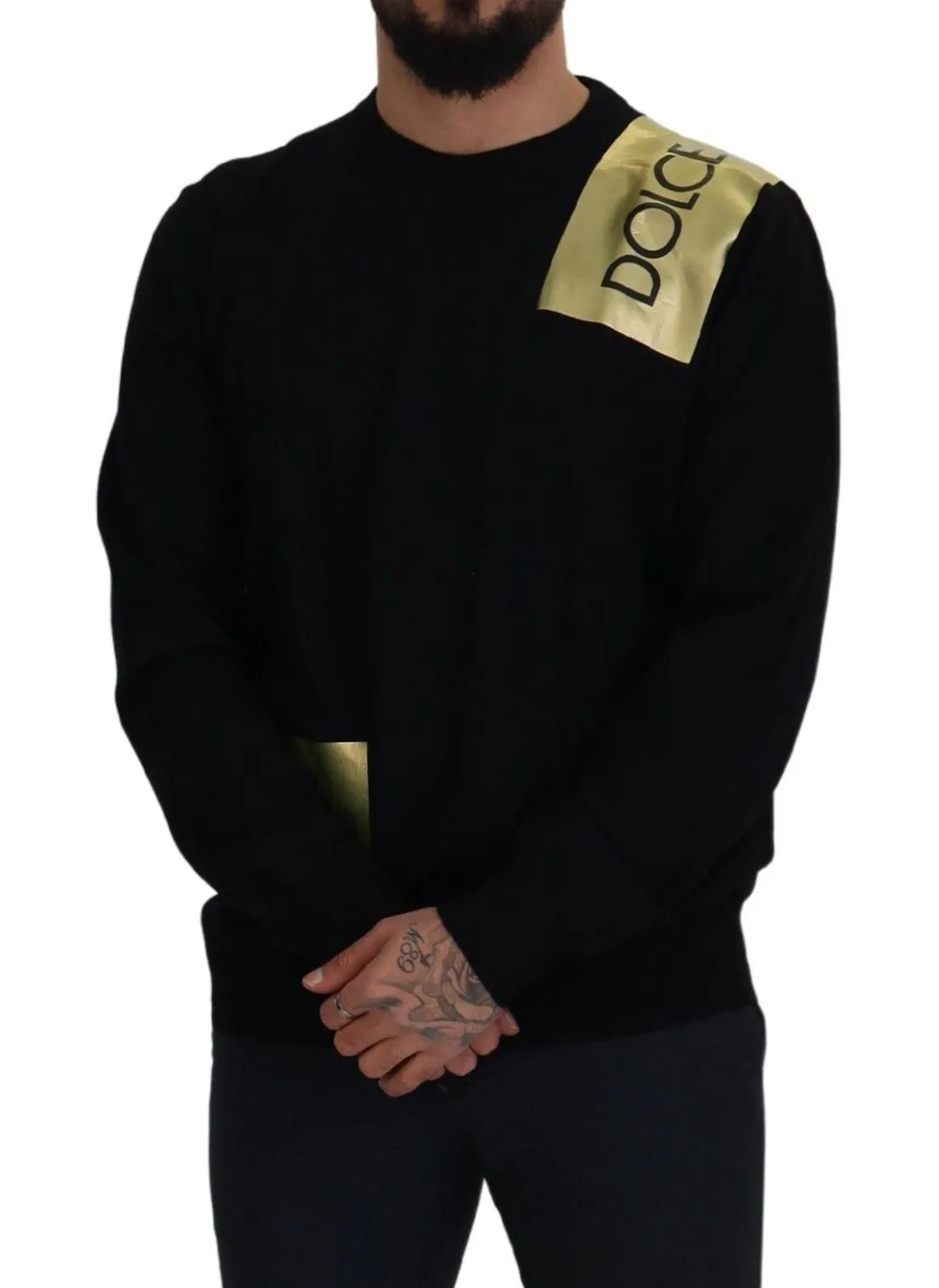 Dolce & Gabbana Men's Elegant Gold-Embroidered Black Wool Sweater