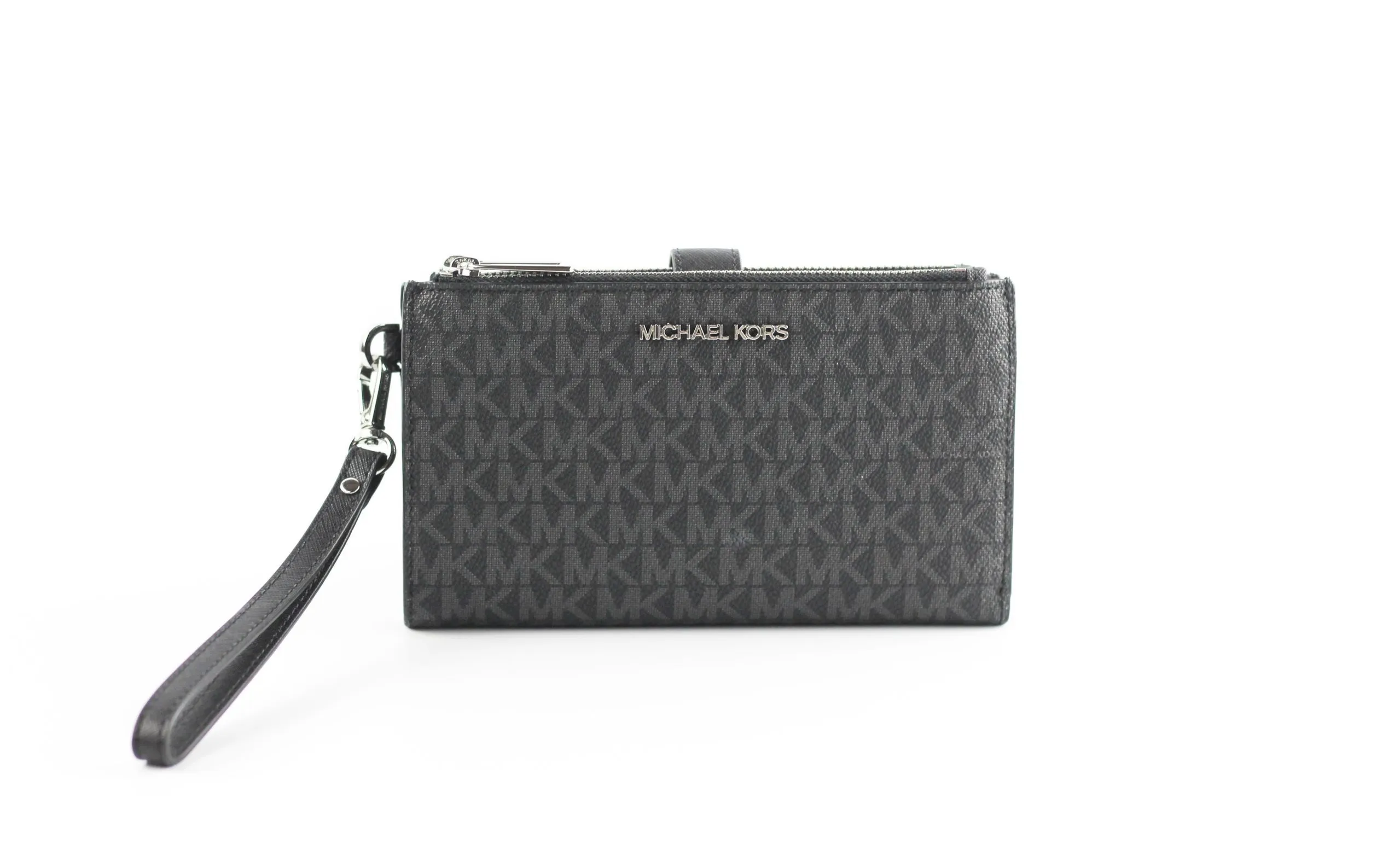 Michael Kors Women's Jet Set Travel Black Leather Logo Large Double Zip Wristlet Wallet
