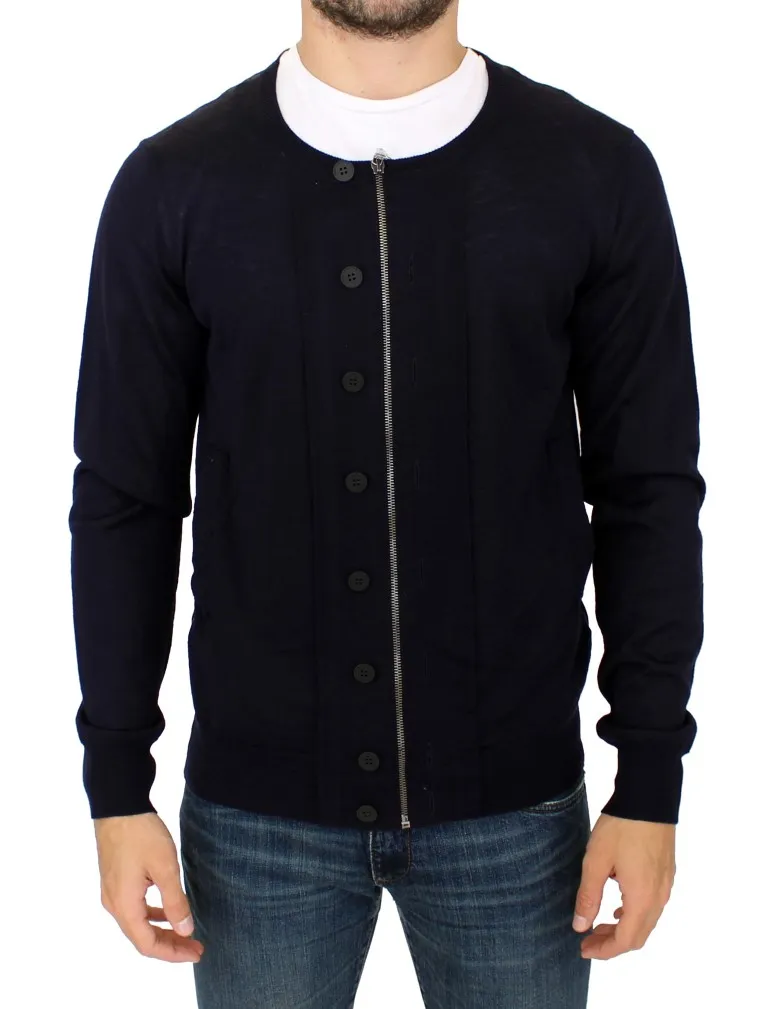 Karl Lagerfeld Men's Elegant Blue Full Zip Wool Cardigan
