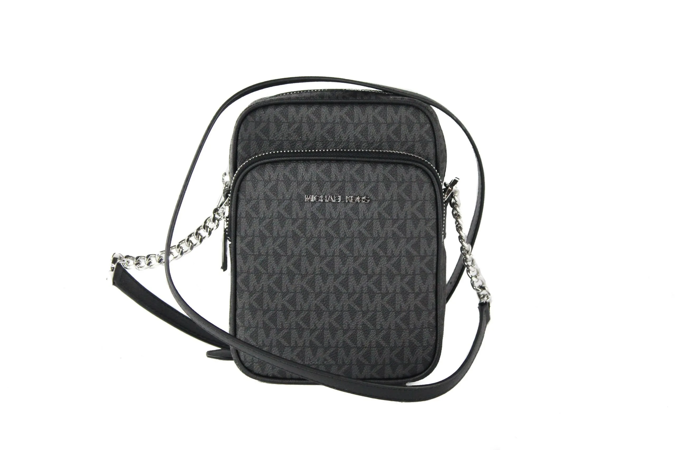 Michael Kors Women's Medium Signature Leather North South Chain Crossbody Handbag Black