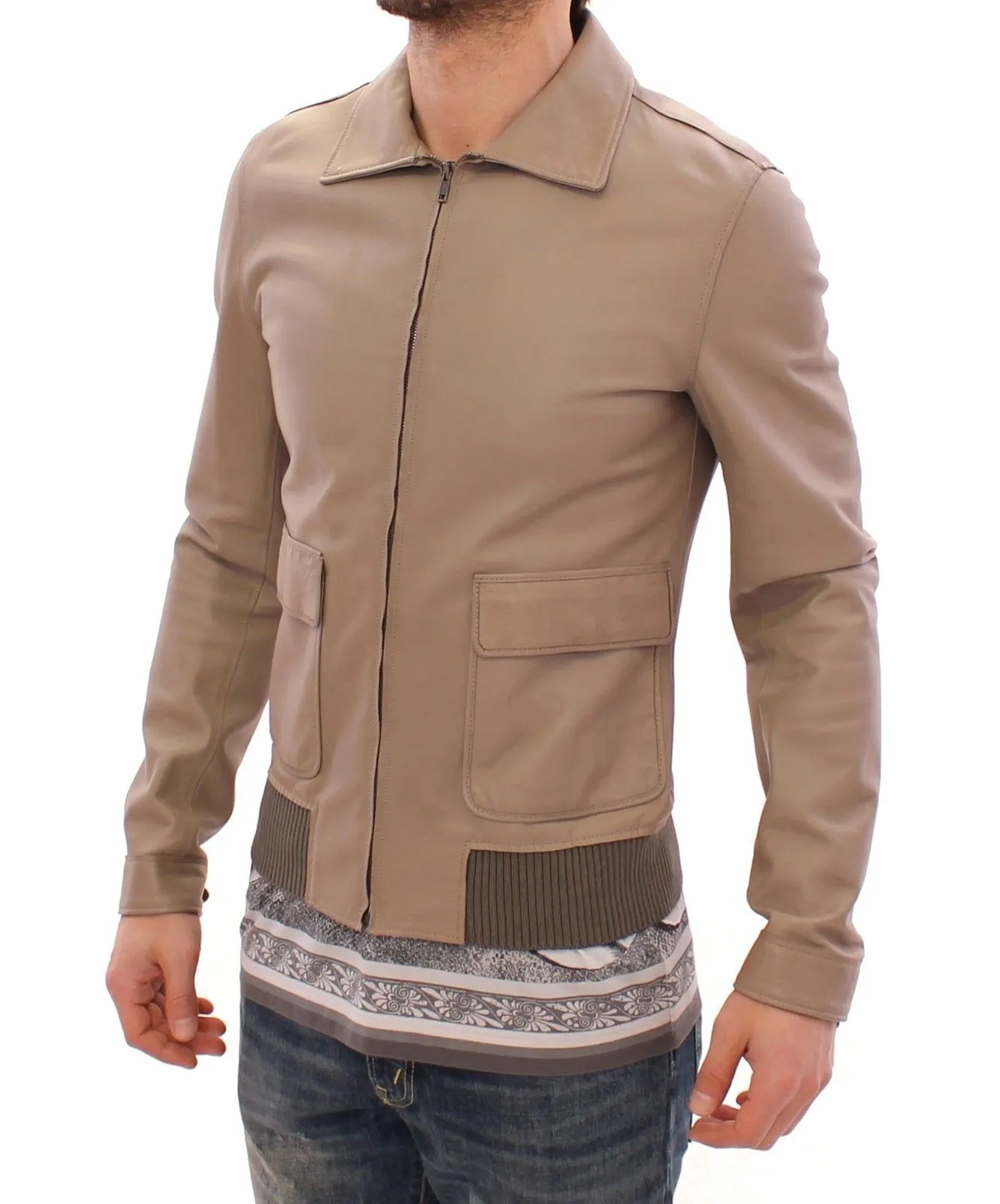 Dolce & Gabbana Men's Elegant Beige Lambskin Leather Jacket