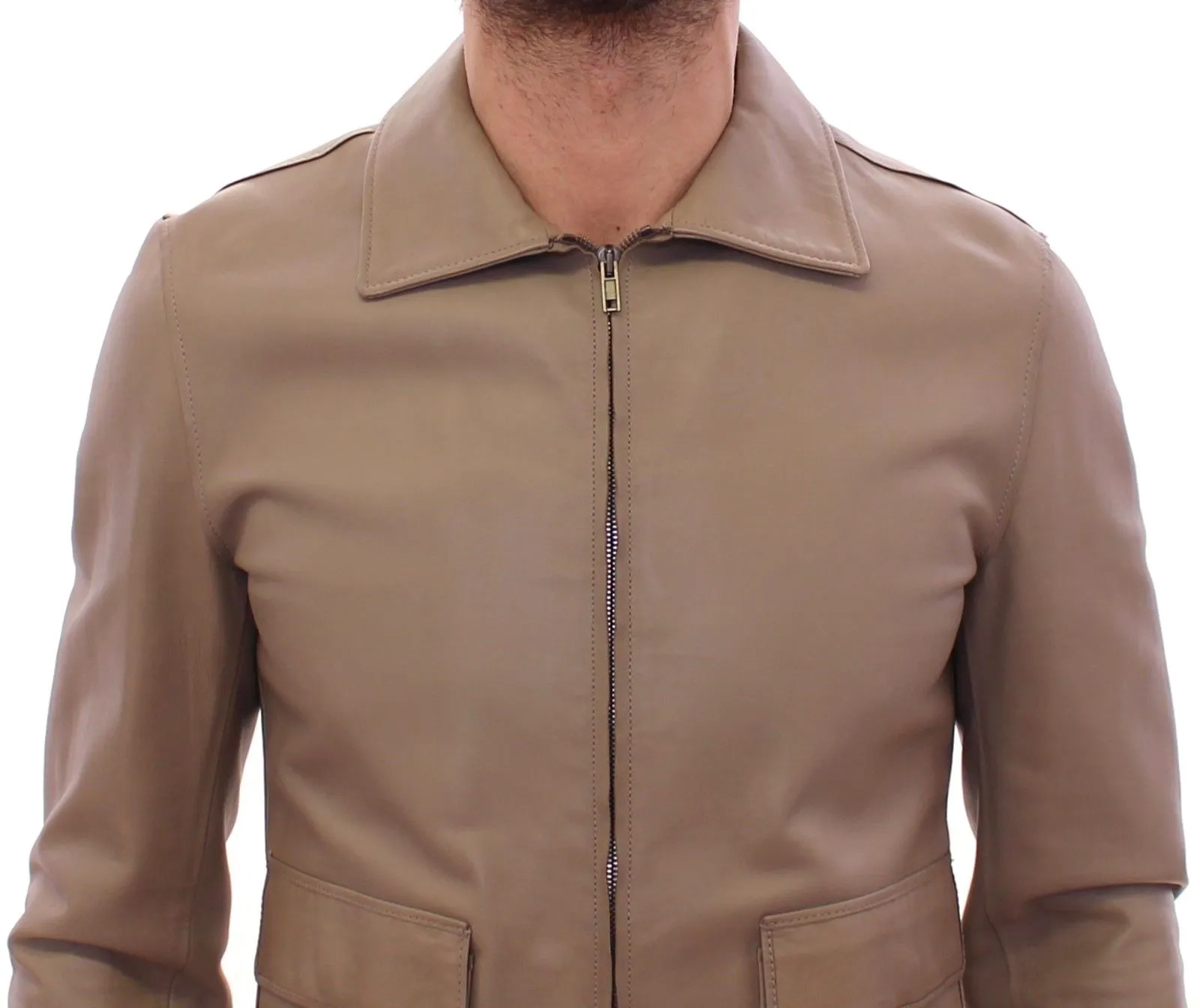 Dolce & Gabbana Men's Elegant Beige Lambskin Leather Jacket