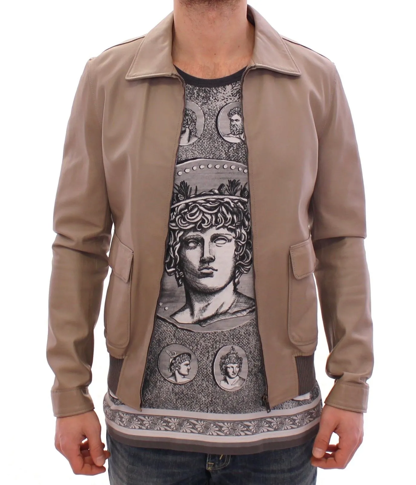Dolce & Gabbana Men's Elegant Beige Lambskin Leather Jacket