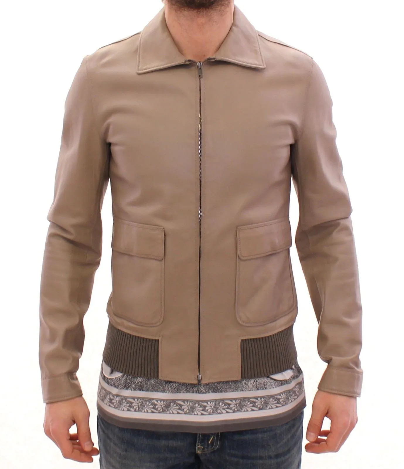 Dolce & Gabbana Men's Elegant Beige Lambskin Leather Jacket